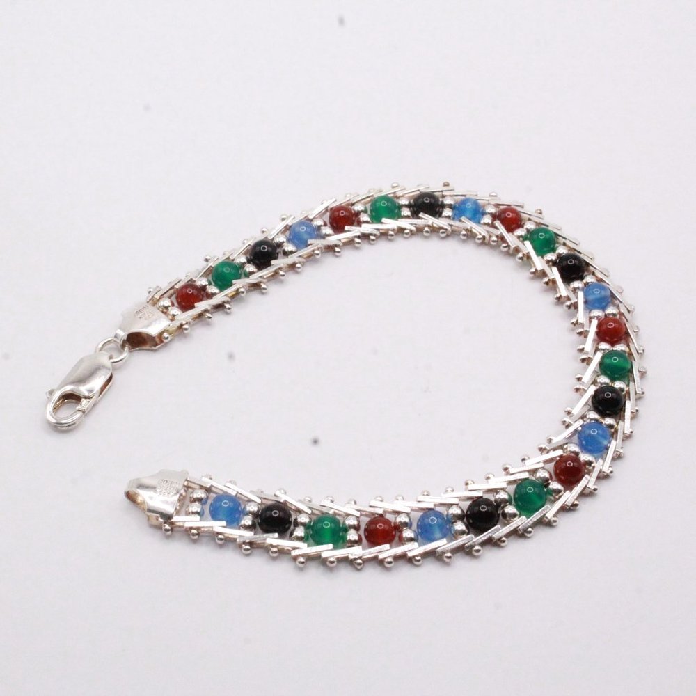 Sterling Silver Milor Italy Multi-Color Glass Link Chevron Bracelet
